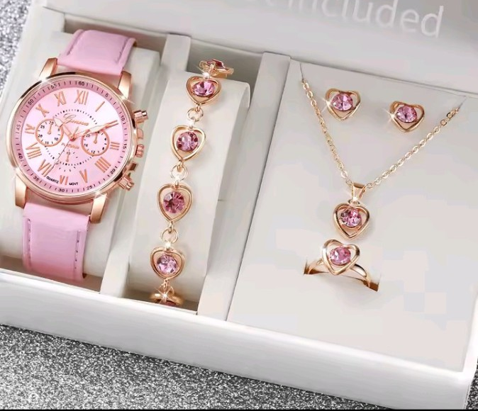 Pink heart watch and jewelry set