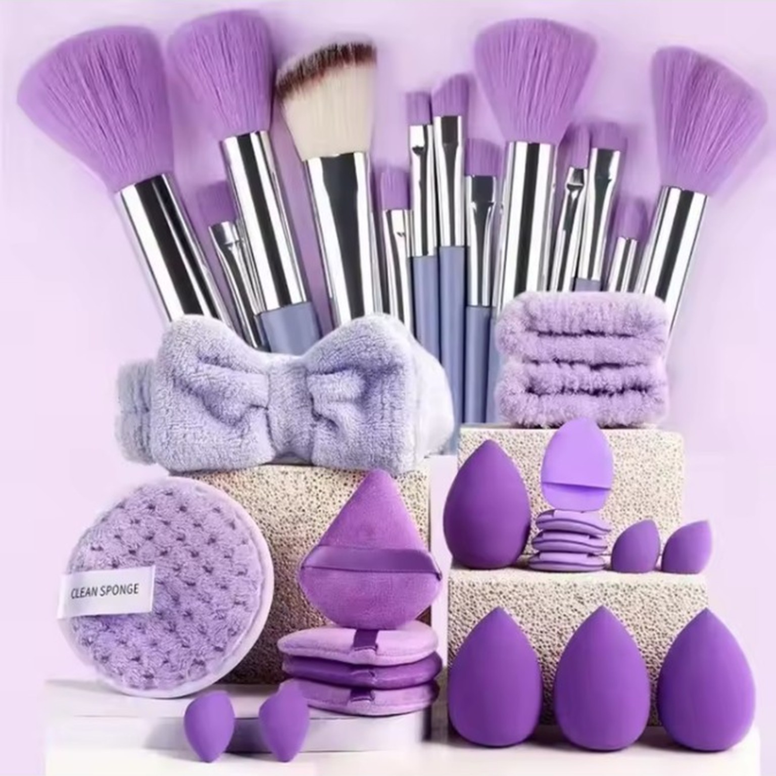 Purple makeup brush and beauty sponge set